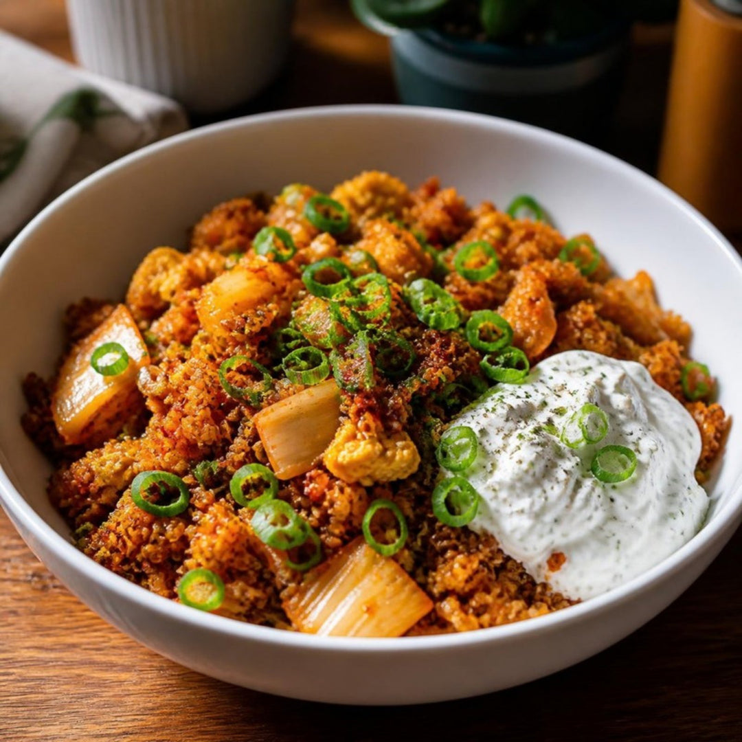A white bowl of kimchi quinoa fried rice with chunks of kimchi, sliced spring onion and a dollop of herby yogurt ranch