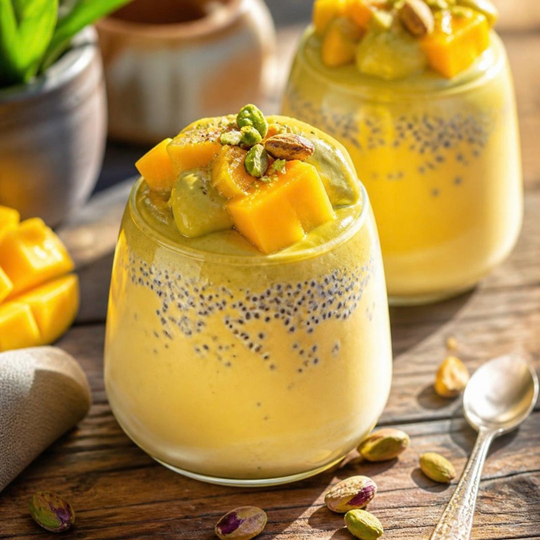 Two glass pots of mango chia pudding topped with diced mango, pistachio cream and pistachios