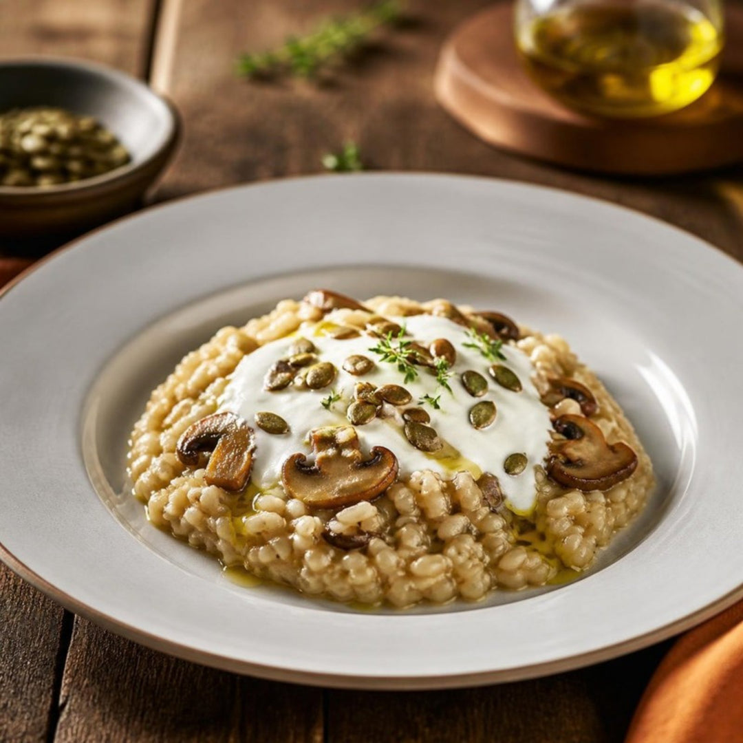 Mushroom risotto on a white plate topped with kefir, sliced mushrooms, pumpkin seeds, thyme and a drizzle of pumpkin seed oil
