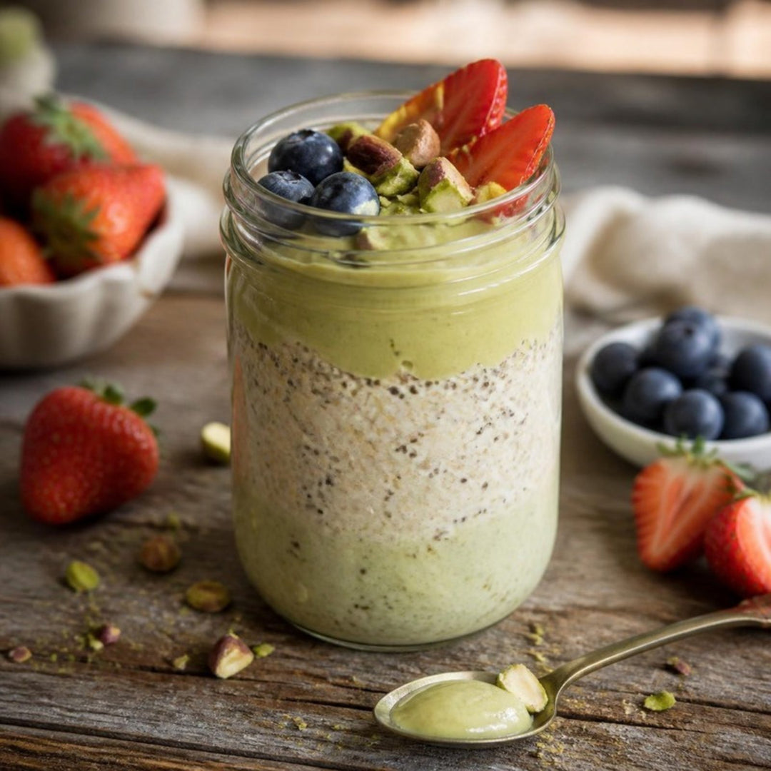 A glass jar of layered pistachio overnight oats with chia, topped with pistachio cream, chopped pistachios, blueberries and strawberries, with a spoonful of pistachio cream beside it