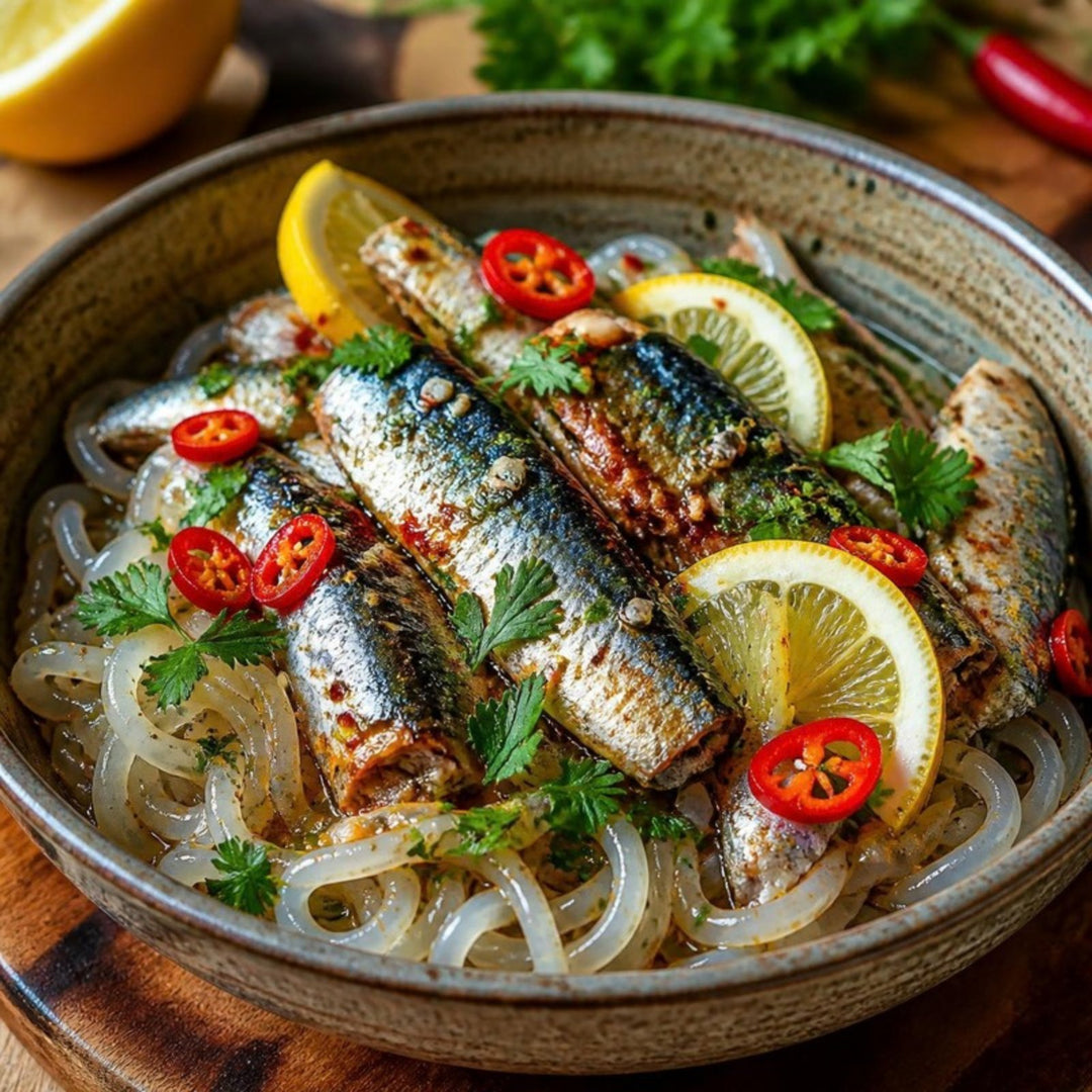 A bowl of konjac noodles topped with whole sardines, lemon slices, fresh red chilli and parsley