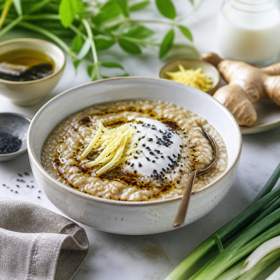 A bowl of steel-cut oat congee with a swirl of kefir, black seeds, shredded ginger and a drizzle of dark oil