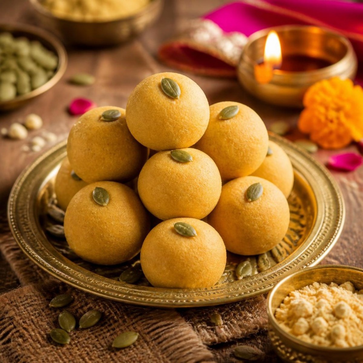 Golden besan ladoo topped with pumpkin seeds on a brass plate, with a lit diya