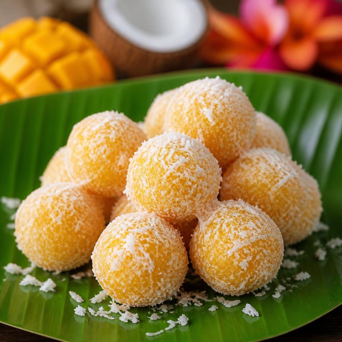 Mango coconut laddoo rolled in desiccated coconut on a banana leaf
