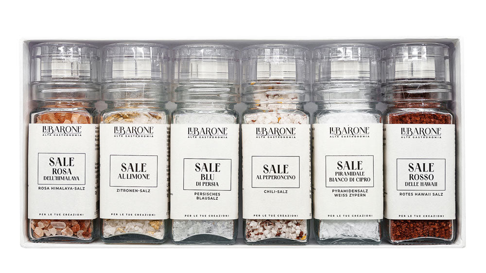 Lubarone gourmet salt grinders gift set including Cyprus salt