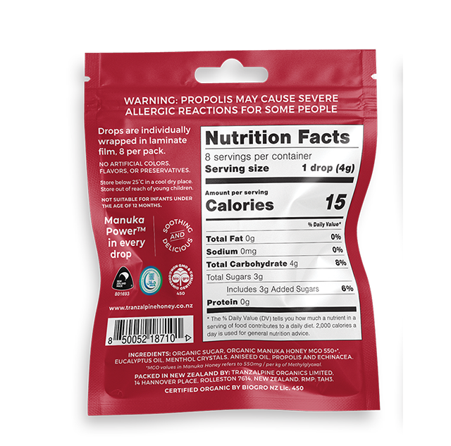 Manuka Honey Drops MGO650+ with Propolis back of pack