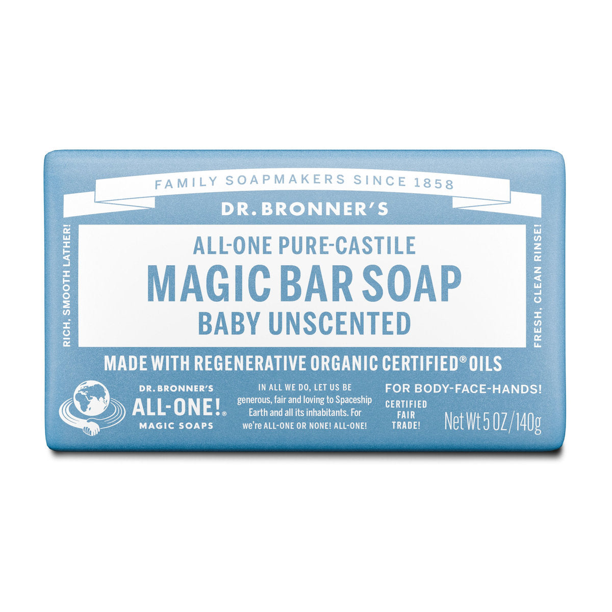 Dr. Bronner's Pure-Castile Bar Soap – Baby Unscented, 140 g