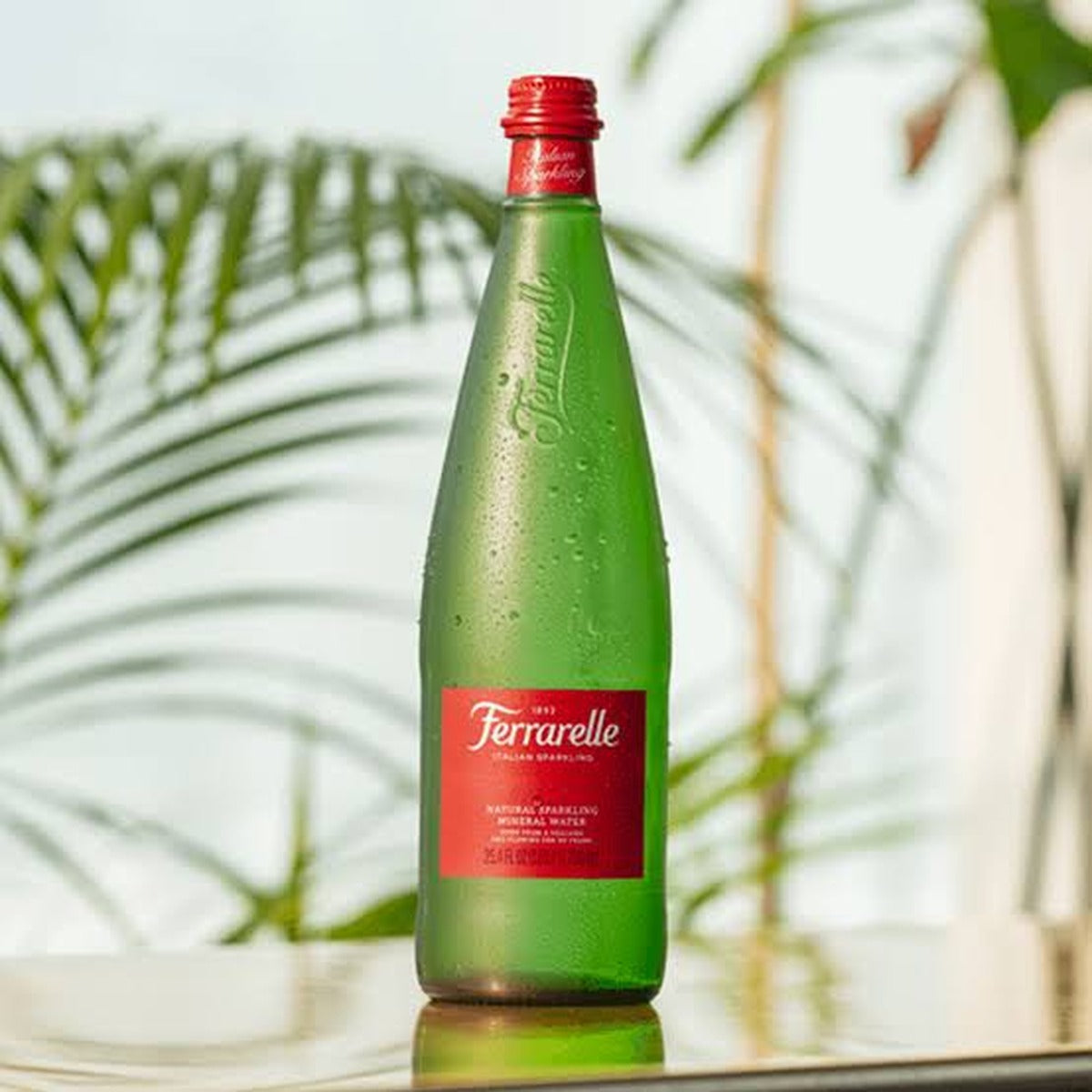 Ferrarelle Sparkling 75cl bottle with palm leaves