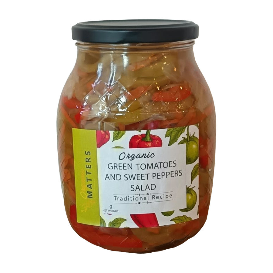 Green Tomato and Sweet Pepper Salad – Organic Matters glass jar, traditional recipe