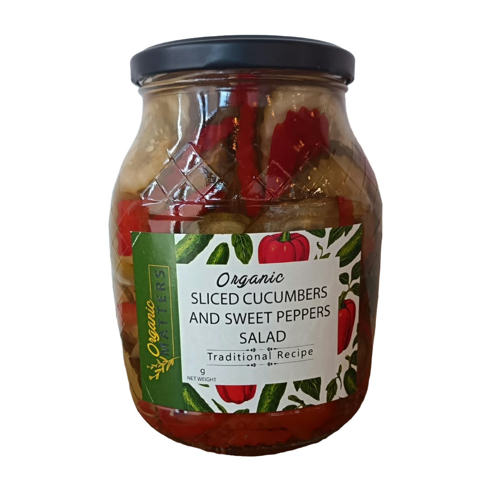 Sliced Cucumber and Sweet Pepper Salad – Organic Matters glass jar, traditional recipe